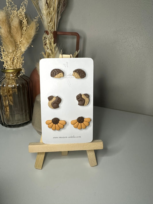 Coffret Pika, Noisette & Sunny | Boucles d'oreilles en argile polymère